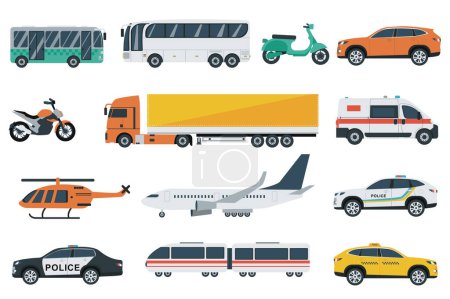 Ilustración de Transports set graphic elements in flat design. Bundle of bus, motorbike, car, motorcycle, truck, ambulance, helicopter, plane, police, train and other. Vector illustration isolated objects - Imagen libre de derechos