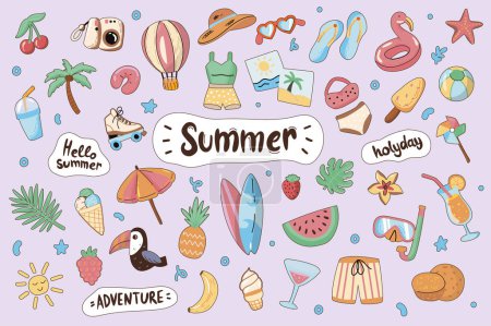 Illustration for Summer cute stickers set in flat cartoon design. Collection of watermelon, surfboard, beach, ice cream, diving mask, cocktail, toucan and other. Vector illustration for planner or organizer template - Royalty Free Image