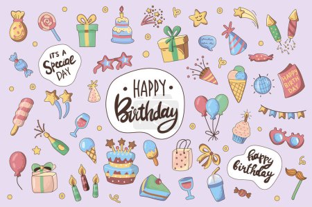 Téléchargez les illustrations : Happy birthday cute stickers set in flat cartoon design. Collection of cake, candles, ice cream, champagne, glass, party garland, gift and other. Vector illustration for planner or organizer template - en licence libre de droit