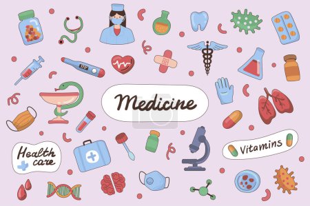 Illustration for Medicine cute stickers set in flat cartoon design. Collection of medical mask, lungs, stethoscope, doctor, pills, caduceus sign, pills and other. Vector illustration for planner or organizer template - Royalty Free Image