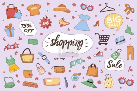 Téléchargez les illustrations : Shopping cute stickers set in flat cartoon design. Collection of clothes, dress, shoes, bag, hat, perfume, discount, label, credit card and other. Vector illustration for planner or organizer template - en licence libre de droit