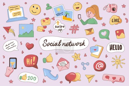 Ilustración de Social network cute stickers set in flat cartoon design. Collection of like, email, message bubble, emoticon, link, share, swipe, blog and other. Vector illustration for planner or organizer template - Imagen libre de derechos