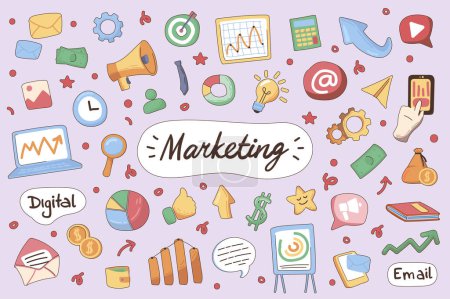 Illustration for Marketing cute stickers set in flat cartoon design. Collection of strategy, megaphone, data analysis, diagram, email, laptop, target and other. Vector illustration for planner or organizer template - Royalty Free Image