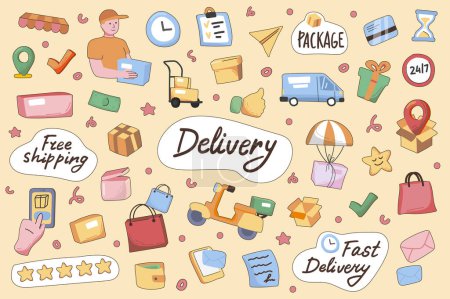 Téléchargez les illustrations : Delivery cute stickers set in flat cartoon design. Collection of courier, truck, motorcycle, package, parcel, bag, order, free shipping and other. Vector illustration for planner or organizer template - en licence libre de droit
