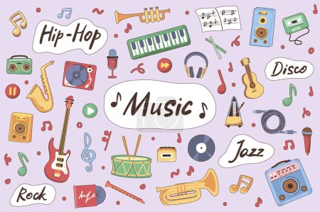 Music cute stickers set in flat cartoon design. Collection of jazz, hip hop, rock, disco, guitar, drums, trumpet, saxophone, piano and other. Vector illustration for planner or organizer template