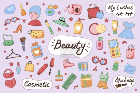 Téléchargez les illustrations : Beauty cute stickers set in flat cartoon design. Collection of makeup, cosmetic, eye shadow, comb, mascara, perfume, lipstick, brush and other. Vector illustration for planner or organizer template - en licence libre de droit