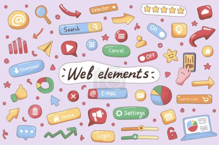 Illustration for Web elements cute stickers set in flat cartoon design. Collection of button, settings, email, megaphone, login, home, data, diagram and other. Vector illustration for planner or organizer template - Royalty Free Image