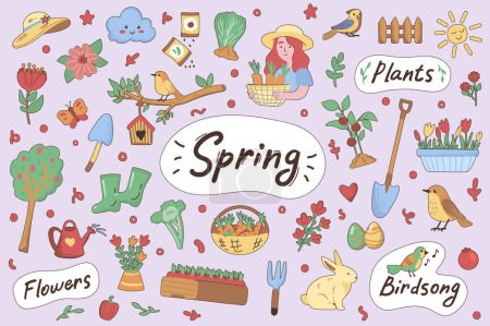Ilustración de Spring cute stickers set in flat cartoon design. Collection of flower, plant, bird, song, bunny, vegetable, rubber boots, watering can and other. Vector illustration for planner or organizer template - Imagen libre de derechos
