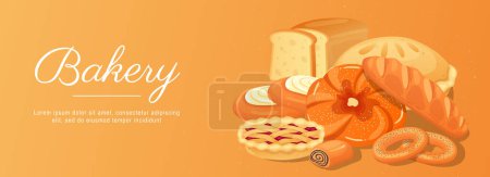 Téléchargez les illustrations : Bakery horizontal web banner. Fresh bread, cherry pie, cakes, long loaf, rolls, bagels, other pastry and wheat flour products. Vector illustration for header website, cover templates in modern design - en licence libre de droit