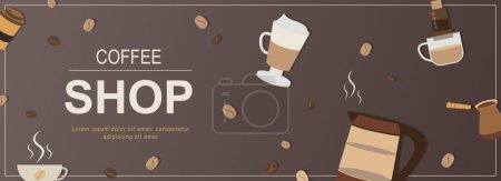 Téléchargez les illustrations : Coffee shop horizontal web banner. Beverage cups, beans, cezve, espresso, cappuccino, latte and other hot drinks in mugs. Vector illustration for header website, cover templates in modern design - en licence libre de droit