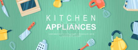 Illustration for Kitchen appliances horizontal web banner. Knife, oven, mixer, cezve, saucepan, grater, whisk, spatula, toaster and utensils. Vector illustration for header website, cover templates in modern design - Royalty Free Image