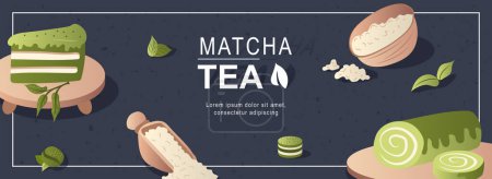 Illustration for Matcha tea horizontal web banner. Green cake, powder in scoop and bowl, rolls, leaves of traditional japanese healthy drink. Vector illustration for header website, cover templates in modern design - Royalty Free Image