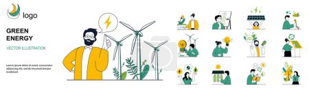 Ilustración de Green energy concept with character situations collection. Bundle of scenes people use alternative energy sources, conserve water and electricity, recycling. Vector illustrations in flat web design - Imagen libre de derechos