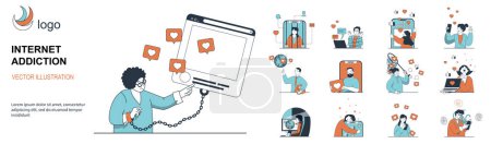 Illustration for Internet addiction concept with character situations collection. Bundle of scenes people chained to gadgets, excessive internet surfing, bad habit and problems. Vector illustrations in flat web design - Royalty Free Image