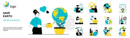 Illustration for Save Earth concept with character situations collection. Bundle of scenes people activists and eco volunteers separate garbage, protect nature, care for planet. Vector illustrations in flat web design - Royalty Free Image