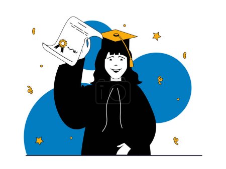 Téléchargez les illustrations : Education concept with character situation. Happy student in graduation gown and cap receiving diploma certificate at festive ceremony. Vector illustrations with people scene in flat design for web - en licence libre de droit