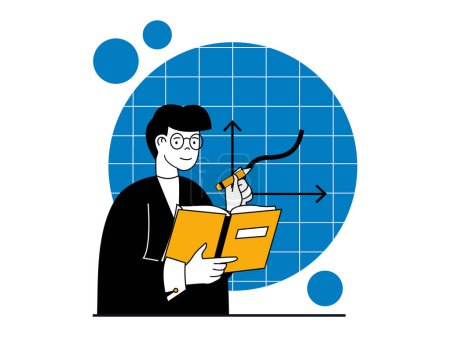 Ilustración de Education concept with character situation. Teacher with textbook explaining new material to pupils at math or geometry lesson at school. Vector illustrations with people scene in flat design for web - Imagen libre de derechos