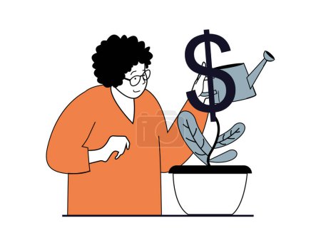 Téléchargez les illustrations : Finance concept with character situation. Woman watering money tree, increases profits at account, successfully investing and making money. Vector illustration with people scene in flat design for web - en licence libre de droit