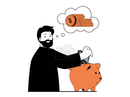 Illustration for Finance concept with character situation. Man saves money in piggy bank, makes deposit in bank and success invests, increasing profits. Vector illustration with people scene in flat design for web - Royalty Free Image