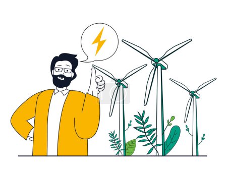 Ilustración de Concepto de energía verde con situación de carácter. El hombre utiliza turbinas eólicas para generar electricidad, fuentes de energía alternativas y ecológicas. Ilustración vectorial con escena de personas en diseño plano para web - Imagen libre de derechos