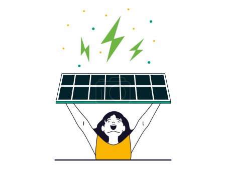 Ilustración de Green energy concept with character situation. Happy woman uses eco solar panels to generate electricity, alternative energy sources. Vector illustration with people scene in flat design for web - Imagen libre de derechos
