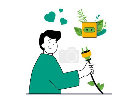 Illustration for Green energy concept with character situation. Happy man uses alternative energy sources and eco friendly technology of sockets and plugs. Vector illustration with people scene in flat design for web - Royalty Free Image