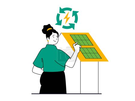 Ilustración de Concepto de energía verde con situación de carácter. Mujer que utiliza paneles solares para generar electricidad, fuentes renovables y conservación de la naturaleza. Ilustración vectorial con escena de personas en diseño plano para web - Imagen libre de derechos