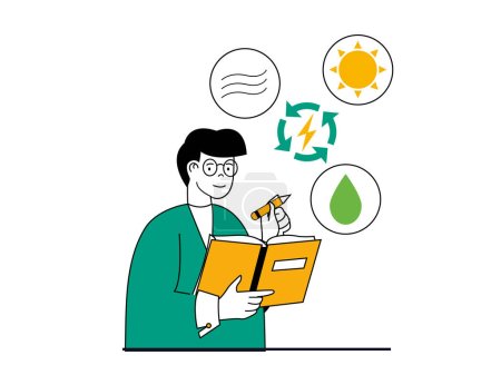 Téléchargez les illustrations : Green energy concept with character situation. Man developing ecological system technology using renewable sources of wind, sun and water.Vector illustration with people scene in flat design for web - en licence libre de droit
