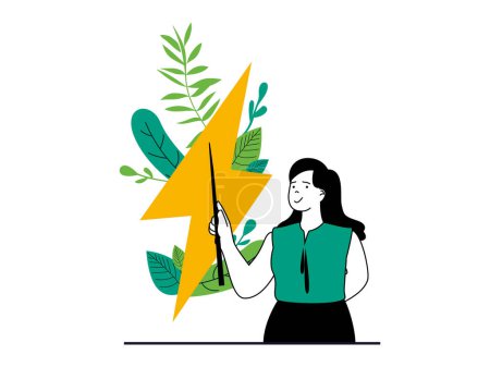 Illustration for Green energy concept with character situation. Woman uses alternative and renewable energy sources, protects nature and environment. Vector illustration with people scene in flat design for web - Royalty Free Image