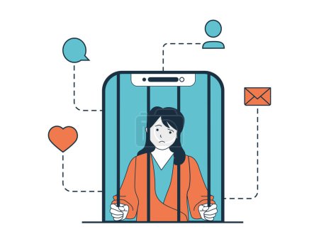 Téléchargez les illustrations : Internet addiction concept with character situation. Woman has addict for social networks and sits in smartphone like prisoner in cage. Vector illustration with people scene in flat design for web - en licence libre de droit