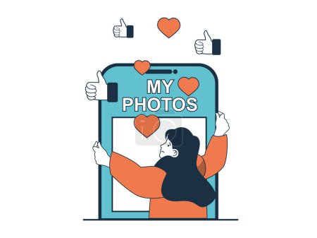 Téléchargez les illustrations : Internet addiction concept with character situation. Woman addicted to attention on Internet, suffers from collecting likes and comments. Vector illustration with people scene in flat design for web - en licence libre de droit