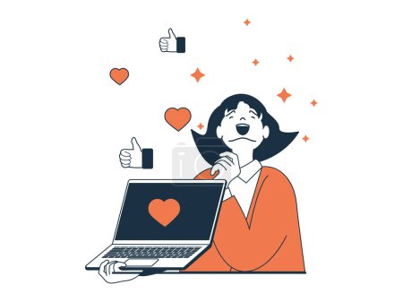 Téléchargez les illustrations : Internet addiction concept with character situation. Excited woman has networking unhealthy habit, getting likes and comments on her post. Vector illustration with people scene in flat design for web - en licence libre de droit