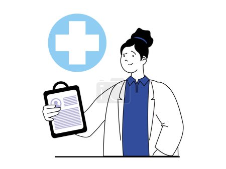 Téléchargez les illustrations : Medical concept with character situation. Doctor holds patient card, diagnoses and consults, prescribes treatment and works in clinic. Vector illustration with people scene in flat design for web - en licence libre de droit