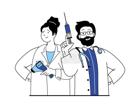 Illustration for Medical concept with character situation. Doctor holds syringe and makes vaccinations to patients, nurse holds thermometer and assists. Vector illustration with people scene in flat design for web - Royalty Free Image