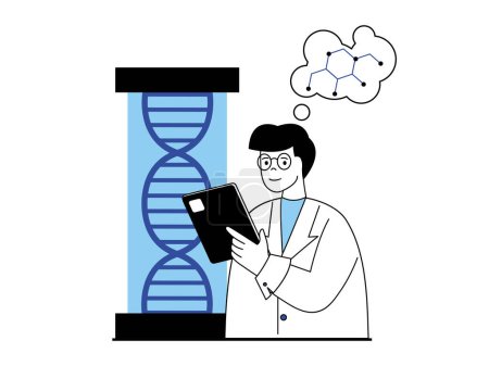 Illustration for Medical concept with character situation. Doctor researcher making chromosomes test and researching dna molecule, genetic engineering. Vector illustration with people scene in flat design for web - Royalty Free Image