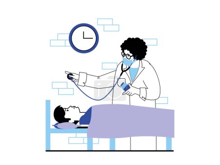 Illustration for Medical concept with character situation. Doctor with stethoscope visits patient in ward, examines and prescribes treatment and therapy. Vector illustration with people scene in flat design for web - Royalty Free Image