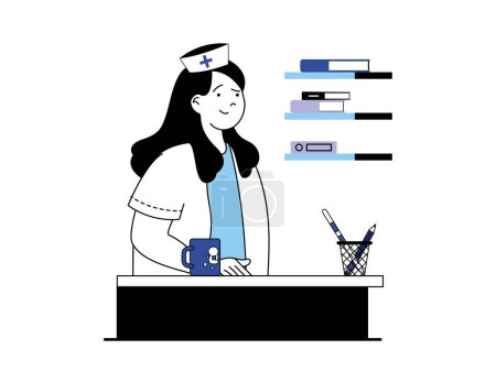 Illustration for Medical concept with character situation. Nurse works at reception in clinic or hospital, meets patients and registers to visiting doctor. Vector illustration with people scene in flat design for web - Royalty Free Image