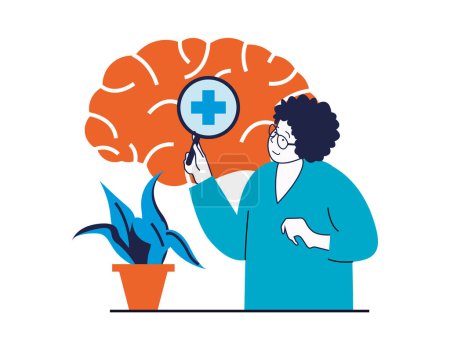 Ilustración de Mental health concept with character situation. Psychiatrist with magnifying glass examines brain, helps to recover from mental disorders. Vector illustration with people scene in flat design for web - Imagen libre de derechos