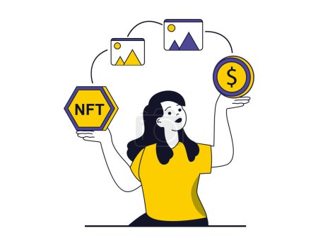 Téléchargez les illustrations : NFT token concept with character situation. Woman makes online transaction with cryptocurrency and buys digital art with NFT technology. Vector illustration with people scene in flat design for web - en licence libre de droit