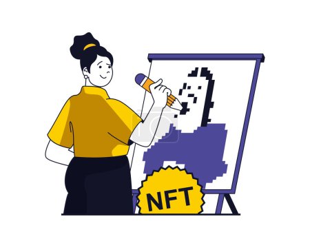 Illustration for NFT token concept with character situation. Woman creates digital masterpieces of digital art for sale on virtual sites and online gallery. Vector illustration with people scene in flat design for web - Royalty Free Image