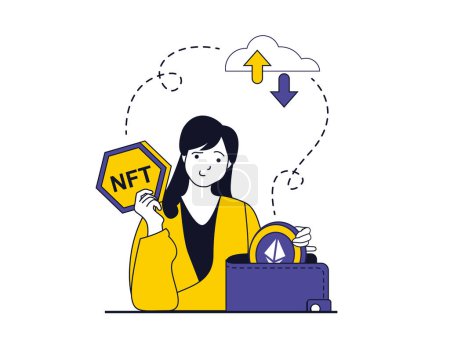 Téléchargez les illustrations : NFT token concept with character situation. Woman making crypto transactions and earning money from selling unique digital artworks. Vector illustration with people scene in flat design for web - en licence libre de droit