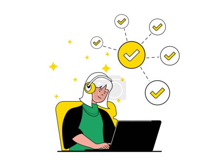 Téléchargez les illustrations : Productivity workplace concept with character situation. Woman works on laptop and performs work tasks, organizes workflow in office. Vector illustration with people scene in flat design for web - en licence libre de droit