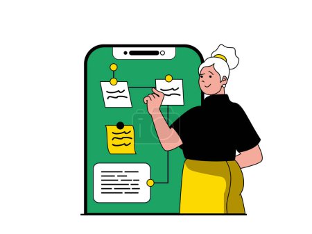 Téléchargez les illustrations : Productivity workplace concept with character situation. Woman organizes workflow and processes, creates notes using mobile application. Vector illustration with people scene in flat design for web - en licence libre de droit