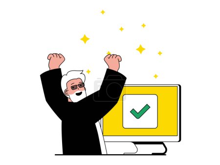 Illustration for Productivity workplace concept with character situation. Happy man successfully completes work project and celebrates reaching job goal. Vector illustration with people scene in flat design for web - Royalty Free Image