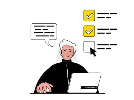 Téléchargez les illustrations : Productivity workplace concept with character situation. Man success completes tasks and chatting online with colleagues and customers. Vector illustration with people scene in flat design for web - en licence libre de droit