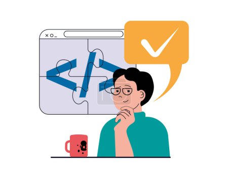 Illustration for Programming software concept with character situation. Man generates ideas and finds creative solutions to optimize and fix program code. Vector illustration with people scene in flat design for web - Royalty Free Image