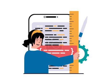 Ilustración de Programming software concept with character situation. Woman working with program code, testing and optimization, engineering process. Vector illustration with people scene in flat design for web - Imagen libre de derechos
