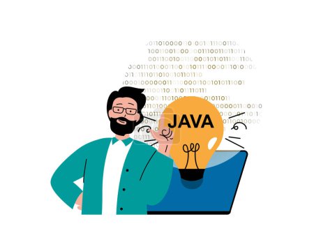 Ilustración de Programming software concept with character situation. Man working with java program language code, generates new idea and fixing bugs. Vector illustration with people scene in flat design for web - Imagen libre de derechos