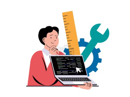 Illustration for Programming software concept with character situation. Man working with code at laptop, finding new solutions, fixing bugs and testing. Vector illustration with people scene in flat design for web - Royalty Free Image