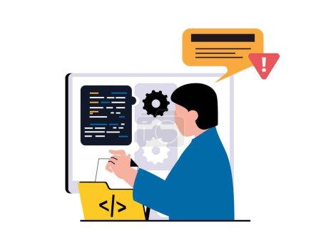 Illustration for Programming software concept with character situation. Man working with code part, fixing bugs and testing, technical support process. Vector illustration with people scene in flat design for web - Royalty Free Image